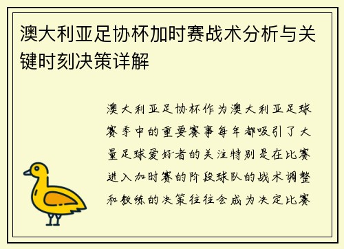 澳大利亚足协杯加时赛战术分析与关键时刻决策详解