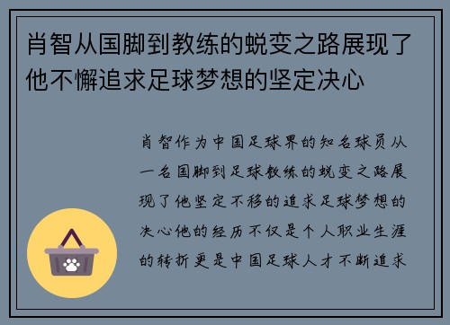 肖智从国脚到教练的蜕变之路展现了他不懈追求足球梦想的坚定决心