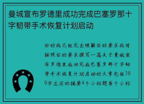 曼城宣布罗德里成功完成巴塞罗那十字韧带手术恢复计划启动