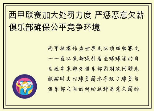 西甲联赛加大处罚力度 严惩恶意欠薪俱乐部确保公平竞争环境
